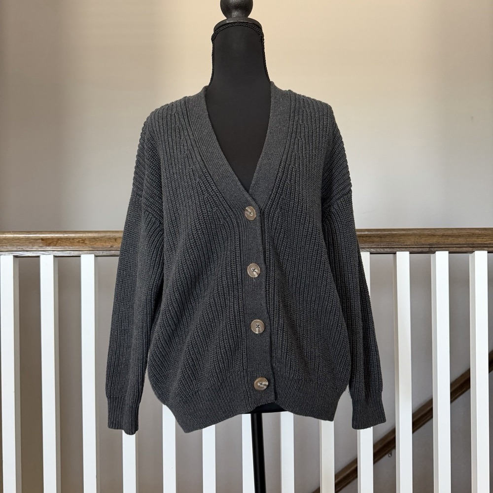 Quince 100% Organic Cotton Oversized Boyfriend Cardigan Charcoal XS Academia